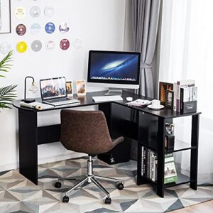 Tangkula L-Shaped Desk, Corner Computer Desk w/ 2-Tier Open Bookshelves & Spacious Tabletop, Space Saving Corner Desk for Studying Gaming Working, Home Office Desk