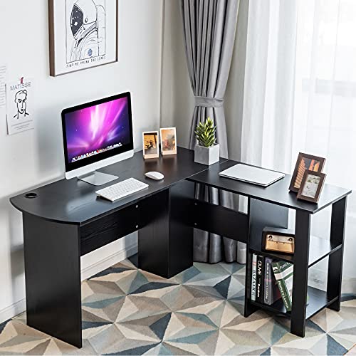 Tangkula L-Shaped Desk, Corner Computer Desk w/ 2-Tier Open Bookshelves & Spacious Tabletop, Space Saving Corner Desk for Studying Gaming Working, Home Office Desk