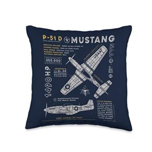 909 apparel p-51 mustang | north american aviation vintage fighter plane throw pillow, 16x16, multicolor