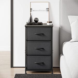 FEZIBO 3 Drawer Fabric Dresser Storage Tower, Organizer Unit for Bedroom, Closet, Entryway, Hallway, Nursery Room -Steel Frame, Wood Top, Easy Pull Handle-Black Grey