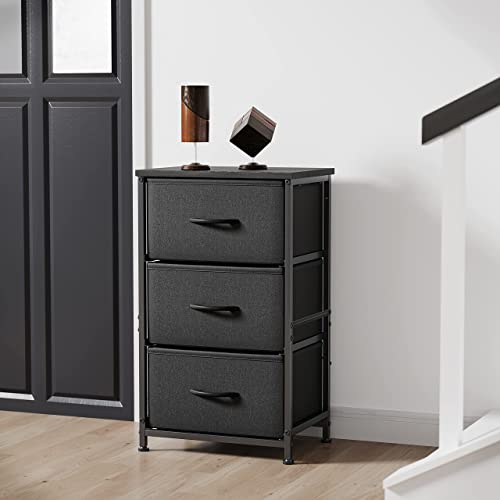 FEZIBO 3 Drawer Fabric Dresser Storage Tower, Organizer Unit for Bedroom, Closet, Entryway, Hallway, Nursery Room -Steel Frame, Wood Top, Easy Pull Handle-Black Grey