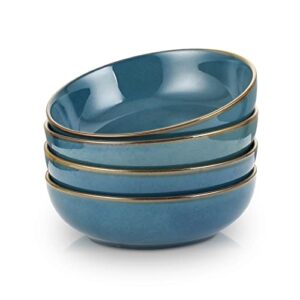 selamica ceramic 30 ounce large pasta bowls 8 inch serving bowls, wide and shallow porcelain bowls, microwave dishwasher safe, set of 4, ceylon blue(glod rim)