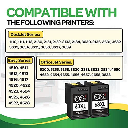 CG CHINGER Remanufactured Ink Cartridge Replacement for HP 63XL 63 XL, High Yield Work with OfficeJet 3830 4650 5255 Envy 4520 4512 4516 Deskjet 1112 3630 3634 3639 3632 2132 Printer (2 Black)