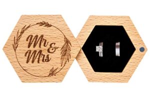 strova mr. and mrs. wedding ring box – unique rustic wooden hexagon designed for proposal, ceremony, bearer, display or jewelry organizer storage – decorative, vintage wood ring box for couples