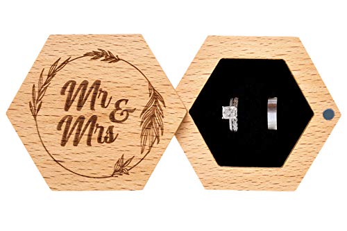 Strova Mr. and Mrs. Wedding Ring Box – Unique Rustic Wooden Hexagon Designed for Proposal, Ceremony, Bearer, Display or Jewelry Organizer Storage – Decorative, Vintage Wood Ring Box for Couples