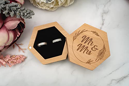 Strova Mr. and Mrs. Wedding Ring Box – Unique Rustic Wooden Hexagon Designed for Proposal, Ceremony, Bearer, Display or Jewelry Organizer Storage – Decorative, Vintage Wood Ring Box for Couples