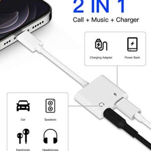 Headphone Adapter(2pack)Compatible with Lightning to 3.5mm AUX Audio Jack and Charger Dongle Earphone Splitter Compatible for iPhone 11 12 pro xs xr x 8 for Ipad Converter charging connector for Apple