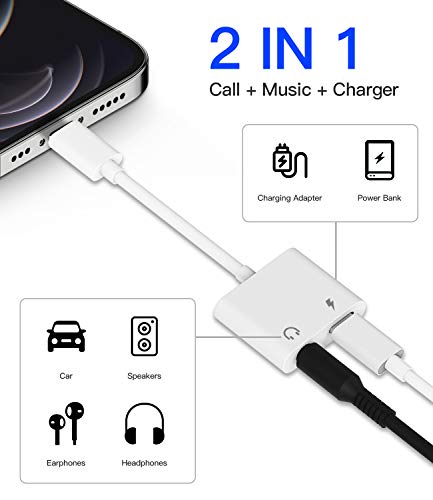 Headphone Adapter(2pack)Compatible with Lightning to 3.5mm AUX Audio Jack and Charger Dongle Earphone Splitter Compatible for iPhone 11 12 pro xs xr x 8 for Ipad Converter charging connector for Apple