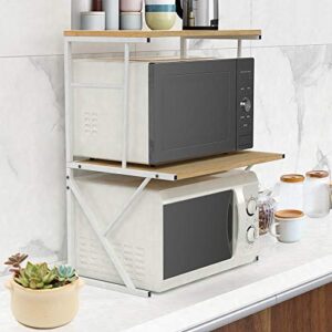 2 tier kitchen countertop microwave oven unit shelving stand rack for household storage organizer, home office desktop shelf printer rack free standing metal frame wood tabletop (light walnut)