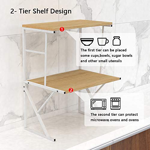 2 Tier Kitchen Countertop Microwave Oven Unit Shelving Stand Rack for Household Storage Organizer, Home Office Desktop Shelf Printer Rack Free Standing Metal Frame Wood Tabletop (Light Walnut)