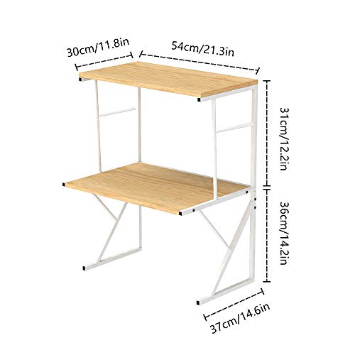 2 Tier Kitchen Countertop Microwave Oven Unit Shelving Stand Rack for Household Storage Organizer, Home Office Desktop Shelf Printer Rack Free Standing Metal Frame Wood Tabletop (Light Walnut)