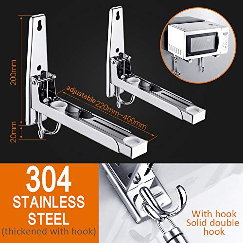 Hniuyun Stainless Steel Microwave Mount Bracket, Foldable Kitchen Stretch Oven Stand Wall Mount Stand Holder Shelf with Removable Hooks