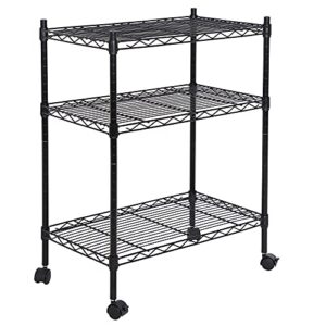 zenstyle 3-tier adjustable shelving unit, commercial-grade steel wire shelving rack with 3" wheels, heavy duty storage chrome shelves for garage, kitchen, living room, 24" w x 14" d x 32.75" h, black