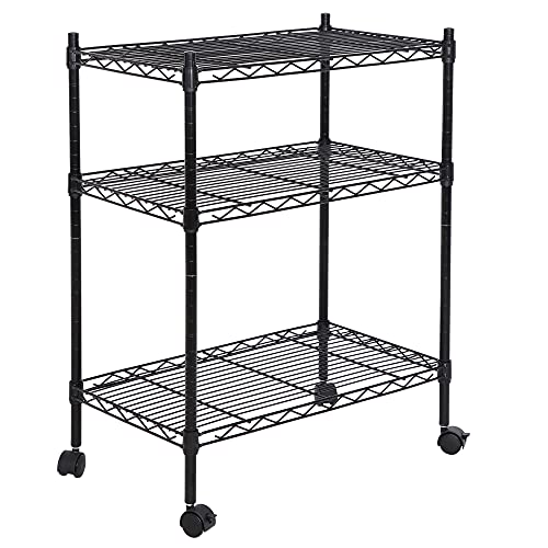 ZenStyle 3-Tier Adjustable Shelving Unit, Commercial-Grade Steel Wire Shelving Rack with 3" Wheels, Heavy Duty Storage Chrome Shelves for Garage, Kitchen, Living Room, 24" W x 14" D x 32.75" H, Black