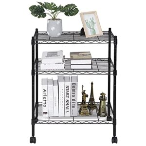 ZenStyle 3-Tier Adjustable Shelving Unit, Commercial-Grade Steel Wire Shelving Rack with 3" Wheels, Heavy Duty Storage Chrome Shelves for Garage, Kitchen, Living Room, 24" W x 14" D x 32.75" H, Black
