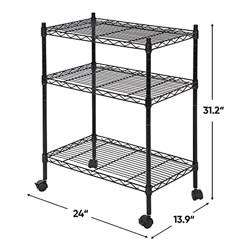 ZenStyle 3-Tier Adjustable Shelving Unit, Commercial-Grade Steel Wire Shelving Rack with 3" Wheels, Heavy Duty Storage Chrome Shelves for Garage, Kitchen, Living Room, 24" W x 14" D x 32.75" H, Black