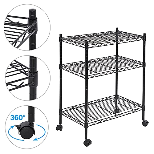 ZenStyle 3-Tier Adjustable Shelving Unit, Commercial-Grade Steel Wire Shelving Rack with 3" Wheels, Heavy Duty Storage Chrome Shelves for Garage, Kitchen, Living Room, 24" W x 14" D x 32.75" H, Black