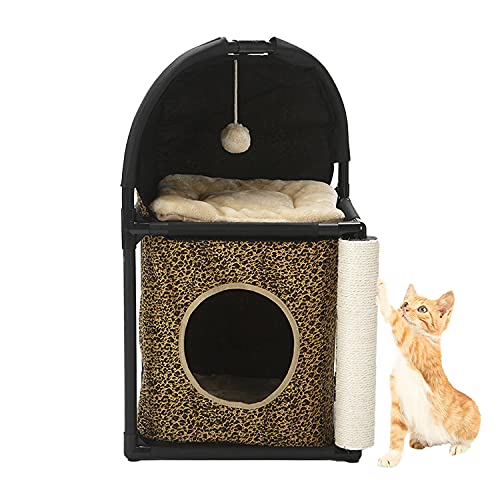 BORUIMA Cat Houses for Indoor Cats Tower House Combined with Cat Bed Cube, Peek Holes, Scratching Post & Dangling Toy