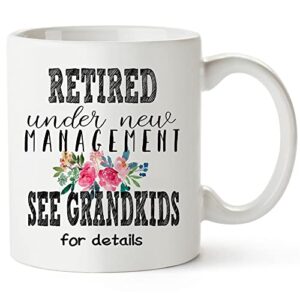 fatbaby retirement gifts for women,retired under new management see grandkids for details coffee mug,happy retirement mug for women 2023,funny retirement gifts for coworker