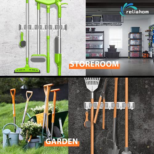 reliahom Broom Holder Mop Hanger Wall Mount Metal Organization Garage Storage System Garden Kitchen Tool Organizer (4 Racks with 5 Hooks, Silver)