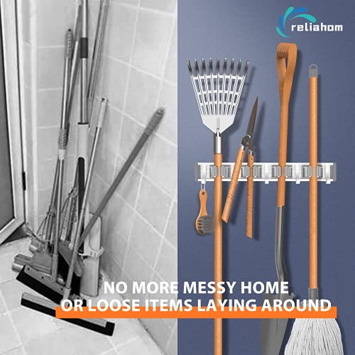 reliahom Broom Holder Mop Hanger Wall Mount Metal Organization Garage Storage System Garden Kitchen Tool Organizer (4 Racks with 5 Hooks, Silver)