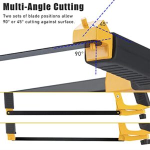 DOWELL Hand Saw 12-inch Hacksaw Frame Heavy Duty Adjustable 45/90 Angle Hacksaw with 5 Replaceable Saw Blades Inside the Frame for Steel Pipe Cutting PVC Carpentry Woodworking HY041101