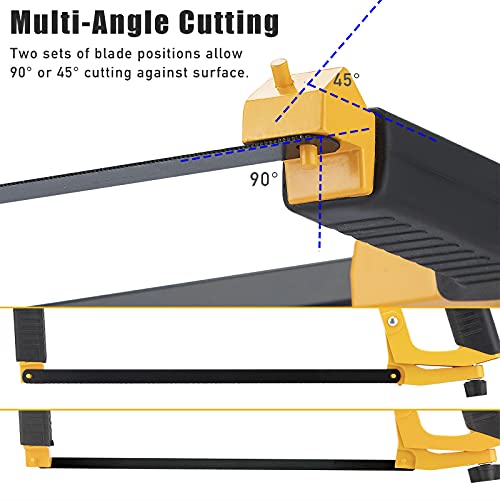 DOWELL Hand Saw 12-inch Hacksaw Frame Heavy Duty Adjustable 45/90 Angle Hacksaw with 5 Replaceable Saw Blades Inside the Frame for Steel Pipe Cutting PVC Carpentry Woodworking HY041101