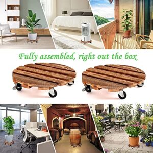 2 Pack Plant Caddy Wooden 12 Inch Plant Stand with Wheels Heavy Duty Rolling Plant Stand Round Plant Dolly Rollers Cart with Metal Lockable Casters for Outdoor/Indoor Large Plant Pot/Flower Pot/Patio