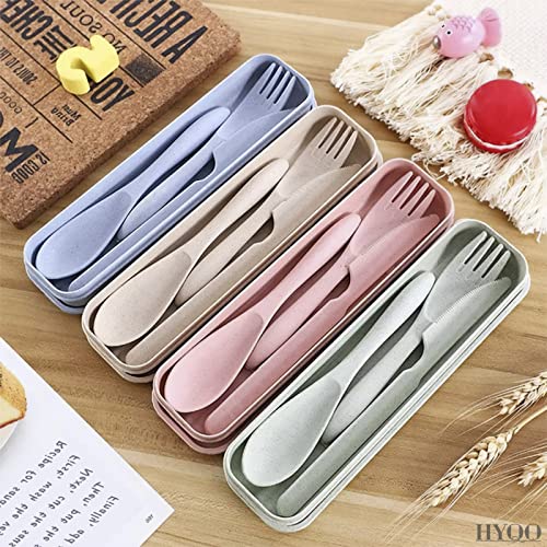 4 Pcs Travel Utensils with Case - Wheat Straw Dinnerware Sets Reusable Utensils Set with Case Cutlery Set - Portable Forks and Spoons Silverware Set Lunch Box Accessories for Camping