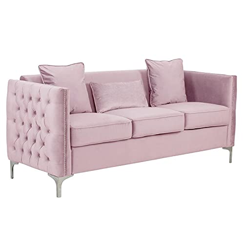 Lilola Home Bayberry Pink Velvet Sofa with 3 Pillows