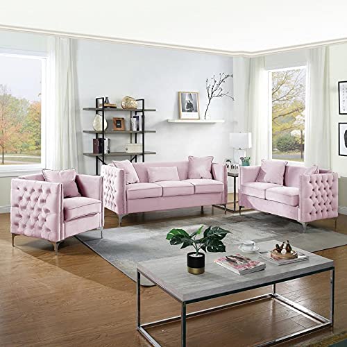 Lilola Home Bayberry Pink Velvet Sofa with 3 Pillows