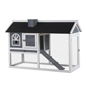 pawhut 47" l rabbit hutch outdoor bunny cage with waterproof roof, removable tray, and ramp, grey & white