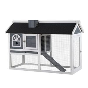 PawHut 47" L Rabbit Hutch Outdoor Bunny Cage with Waterproof Roof, Removable Tray, and Ramp, Grey & White