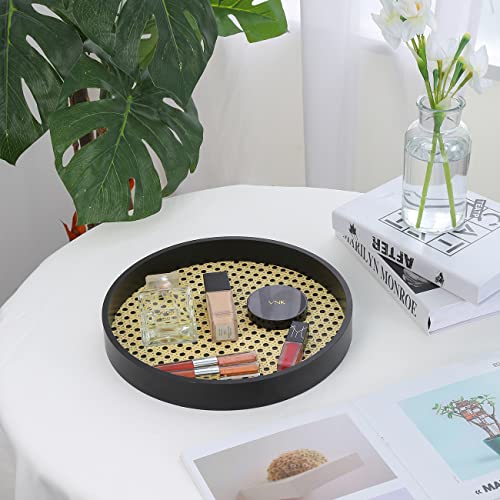 GREEHOMEDE Round Serving Tray, Wood Tray with Black Wooden Frame, Breakfast Tray, Decorative Tray for Storage Foods,Drinks & Makeups 11.8'' x 1.6''