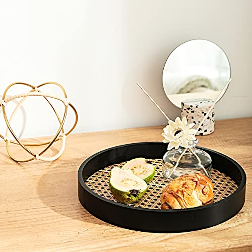 GREEHOMEDE Round Serving Tray, Wood Tray with Black Wooden Frame, Breakfast Tray, Decorative Tray for Storage Foods,Drinks & Makeups 11.8'' x 1.6''