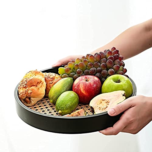 GREEHOMEDE Round Serving Tray, Wood Tray with Black Wooden Frame, Breakfast Tray, Decorative Tray for Storage Foods,Drinks & Makeups 11.8'' x 1.6''