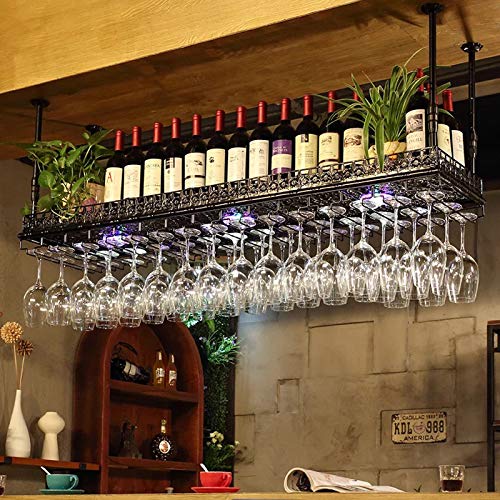 YHS Wine Rack - Industrial Retro Metal Wine Glass Hanging Rack Ceiling Decoration Floating Shelf with Adjustable Rods, for Bars Restaurants Kitchens (Black, 60x35cm)