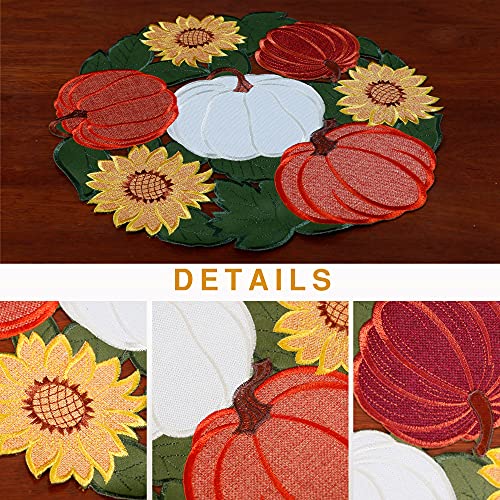 OWENIE Fall Pumpkins Placemats Set of 4,Thanksgiving Placemats with Embroidered Harvest Pumpkin and Leaves/Sunflowers, Fall Decor for Home, AutumnTable Mats, 15 Inch Round