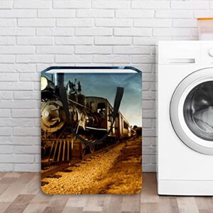 Vintage Train Steam Locomotive Laundry Basket Large Cloth Organizer Bag Basket Foldable Laundry Hamper with Handles