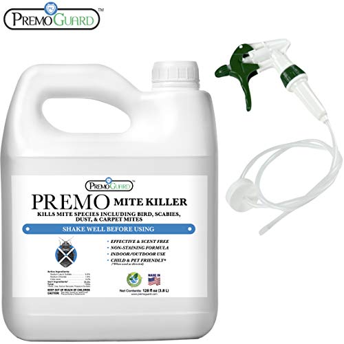 Mite Killer Spray by Premo Guard 128 oz – Treatment for Dust Spider Bird Rat Mouse Carpet and Scabies Mites – Fast Acting 100% Effective – Child & Pet Safe – Best Natural Extended Protection