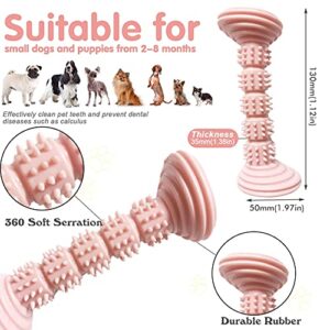 DogieLyn Interactive 2-8 Months Puppy Teething Chew Toys, Puppies Biting Toy, Doggy Teeth Cleaning Rubber Toothbrush for Small Dogs Teddy,Crogi,Schnauzer, 4 pcs (Pink)