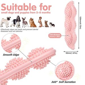 DogieLyn Interactive 2-8 Months Puppy Teething Chew Toys, Puppies Biting Toy, Doggy Teeth Cleaning Rubber Toothbrush for Small Dogs Teddy,Crogi,Schnauzer, 4 pcs (Pink)