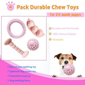 DogieLyn Interactive 2-8 Months Puppy Teething Chew Toys, Puppies Biting Toy, Doggy Teeth Cleaning Rubber Toothbrush for Small Dogs Teddy,Crogi,Schnauzer, 4 pcs (Pink)