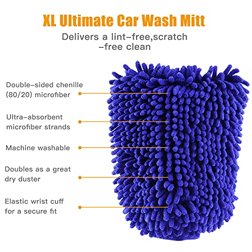 UYYE Chenille Car Wash Mitt of Car Interior and Exterior Accessories, Ultra Absorbent Microfiber Mitt for Cars, Trucks, SUV, Boat & Motorcycle, Blue（ 1-Pack, Extra Large