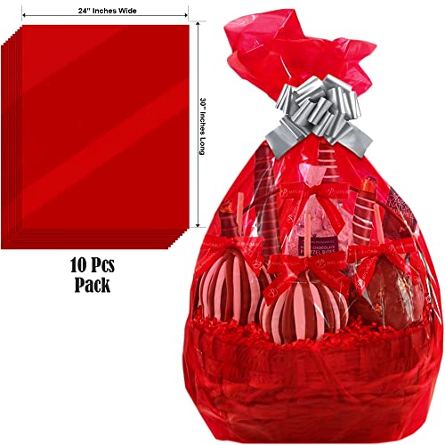 AnapoliZ Red Translucent Cellophane Wrap Bags | (10 Pcs) X-Large 24” inch X 30” inch | 2.5 Mil Thick Red Translucent Cello Bags | Gifts, Baskets, Wrapping, Arts & Crafts, Treats, | Premium Quality