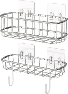 simple houseware 2-tier wall mounted adhesive shower caddy shelf organizer w/hooks, chrome