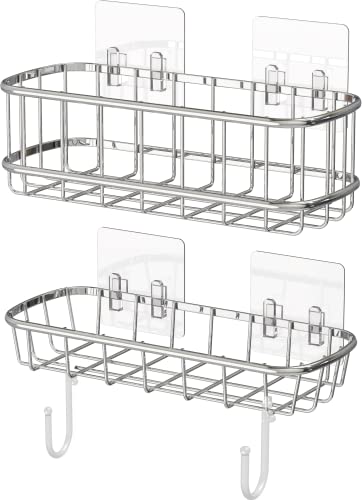 Simple Houseware 2-Tier Wall Mounted Adhesive Shower Caddy Shelf Organizer w/Hooks, Chrome