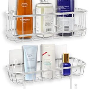 Simple Houseware 2-Tier Wall Mounted Adhesive Shower Caddy Shelf Organizer w/Hooks, Chrome