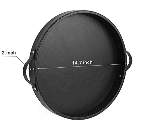 HofferRuffer PU Leather Round Tray, Serving Tray with Handles, Decorative Catchall Vanity Tray, Coffee Tray, Faux Leather Ottoman Tray for Home Or Office, Diameter 14.6-inch (Black)