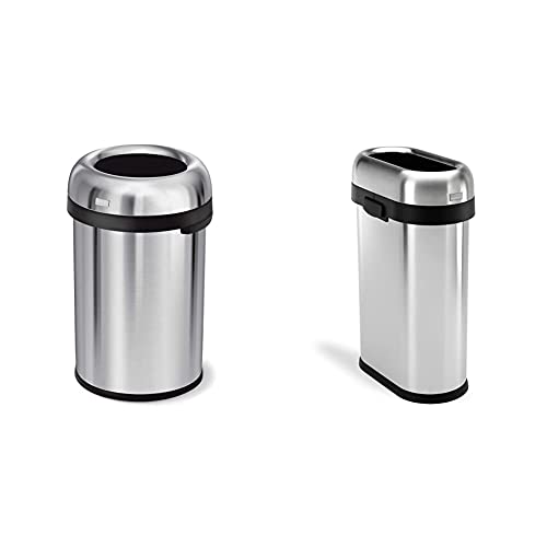 simplehuman 115 Liter / 30 Gallon Bullet Open Top Trash Can Commercial Grade, Heavy Gauge Brushed & 50 Liter / 13.2 Gallon Slim Open Top Trash Can, Commercial Grade Heavy Gauge Brushed Stainless Steel